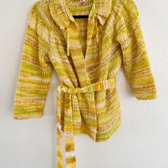 Vintage Hand Knit Yellow Belted Cardigan Sweater Jacket - Picture 2 of 6